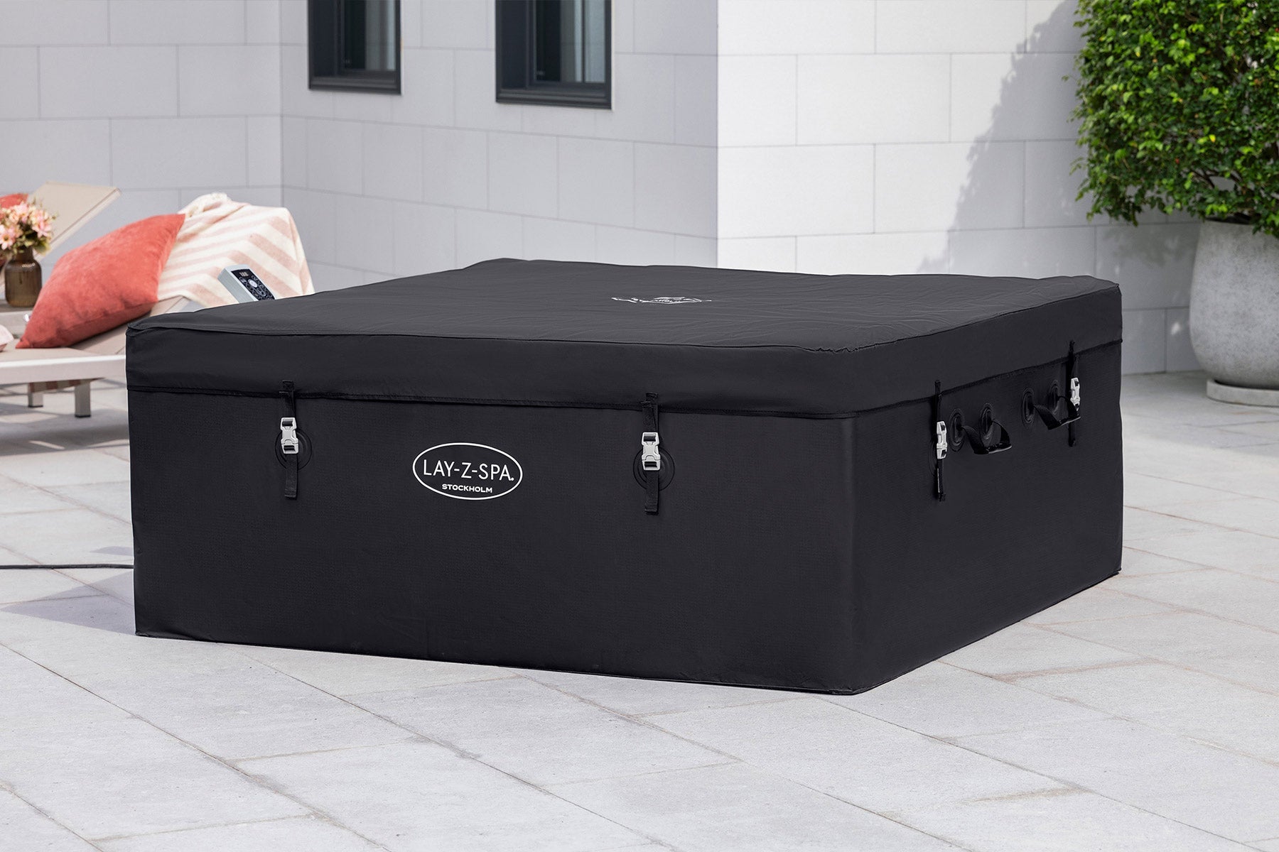 Black Lazy Spa foam hot tub with insulating cover